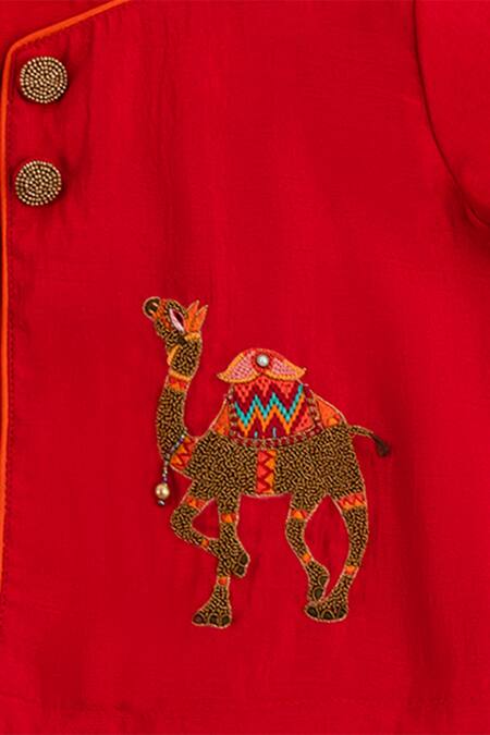 Minikin_Red Chanderi, Cotton, Silk Embroidery Angrakha And Dhoti Pant Set _Online_at_Aza_Fashions