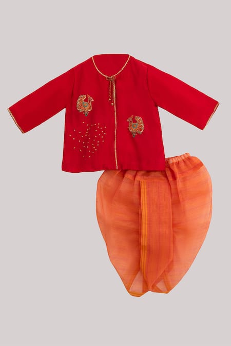 Minikin Red Chanderi, Cotton Embroidery Angrakha And Dhoti Pant Set