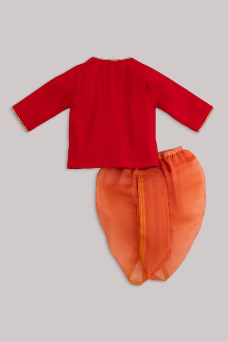 Shop Minikin Red Chanderi, Cotton Embroidery Angrakha And Dhoti Pant Set at Aza Fashions Shop_Minikin_Red Chanderi, Cotton Embroidery Angrakha And Dhoti Pant Set _at_Aza_Fashions