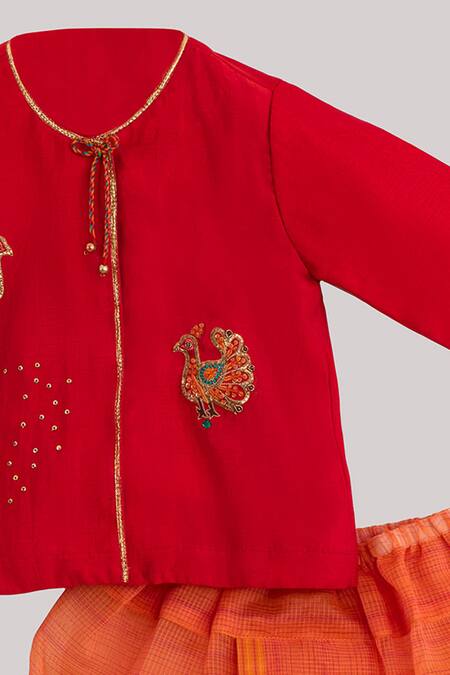 Minikin Red Chanderi, Cotton Embroidery Angrakha And Dhoti Pant Set Online at Aza Fashions Minikin_Red Chanderi, Cotton Embroidery Angrakha And Dhoti Pant Set _Online_at_Aza_Fashions