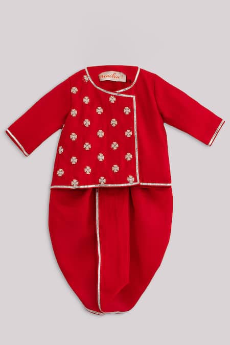 Minikin Red Cotton, Silk Embroidery Angrakha And Dhoti Pant Set