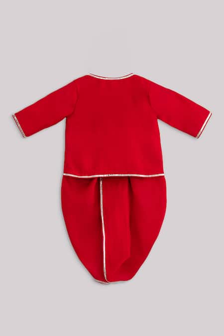 Shop Minikin Red Cotton, Silk Embroidery Angrakha And Dhoti Pant Set at Aza Fashions Shop_Minikin_Red Cotton, Silk Embroidery Angrakha And Dhoti Pant Set _at_Aza_Fashions