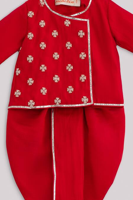 Minikin Red Cotton, Silk Embroidery Angrakha And Dhoti Pant Set Online at Aza Fashions Minikin_Red Cotton, Silk Embroidery Angrakha And Dhoti Pant Set _Online_at_Aza_Fashions