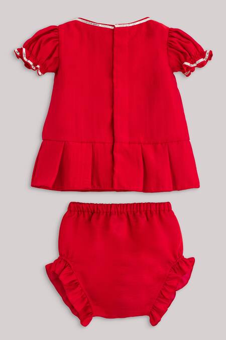 Shop Minikin Red Cotton, Silk Beads Embroidered Top And Shorts at Aza Fashions Shop_Minikin_Red Cotton, Silk Beads Embroidered Top And Shorts _at_Aza_Fashions