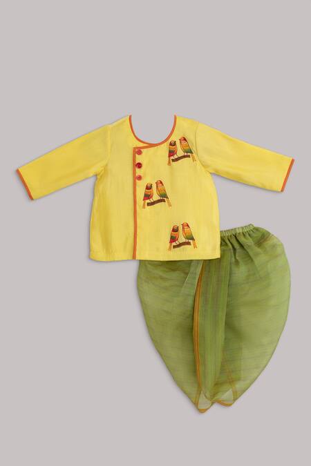 Buy Minikin Yellow Cotton, Chanderi Hand-painted Angrakha Set at Aza Fashions Buy_Minikin_Yellow Cotton, Chanderi Hand-painted Angrakha Set_at_Aza_Fashions