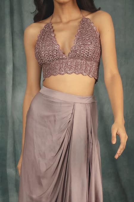 Buy Purple Modal Satin Hand Embroidered Crochet Bralette And Cowl