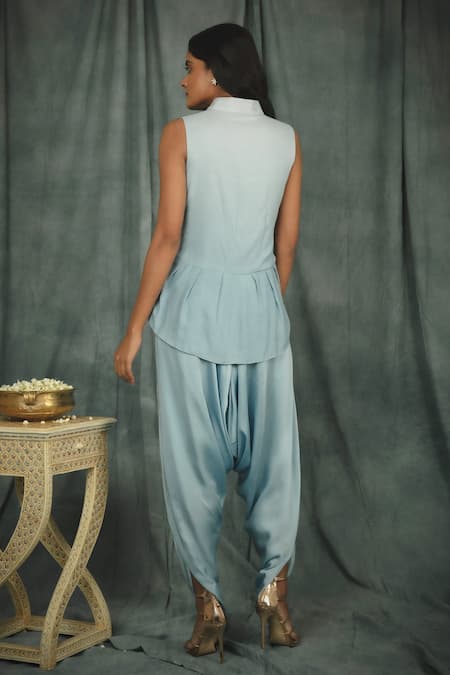 Shop Nikita Vishakha Blue Dhoti Pant Modal Satin, Jacket Raw Silk Pearl Hand Embroidered And Set at Aza Fashions Shop_Nikita Vishakha_Blue Dhoti Pant Modal Satin, Jacket Raw Silk Pearl Hand Embroidered And Set _at_Aza_Fashions