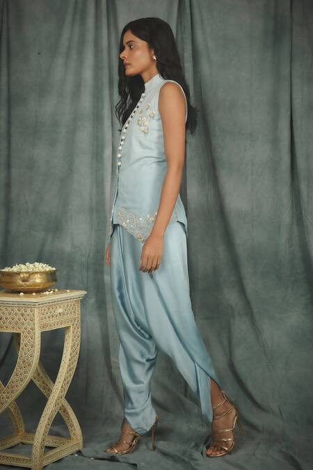 Nikita Vishakha Blue Dhoti Pant Modal Satin, Jacket Raw Silk Pearl Hand Embroidered And Set Online at Aza Fashions Nikita Vishakha_Blue Dhoti Pant Modal Satin, Jacket Raw Silk Pearl Hand Embroidered And Set _Online_at_Aza_Fashions