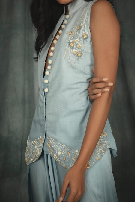 Buy Nikita Vishakha Blue Dhoti Pant Modal Satin, Jacket Raw Silk Pearl Hand Embroidered And Set Online at Aza Fashions Buy_Nikita Vishakha_Blue Dhoti Pant Modal Satin, Jacket Raw Silk Pearl Hand Embroidered And Set _Online_at_Aza_Fashions