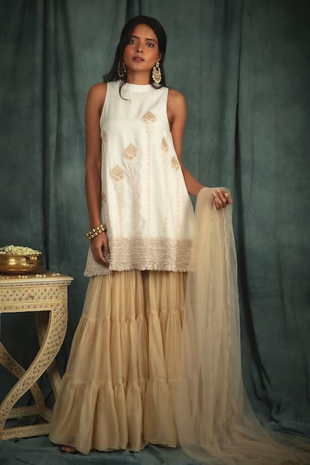 Nikita Vishakha White Raw Silk, Organza, Net Pearl Work Hand Embroidered Kurta Sharara Set 