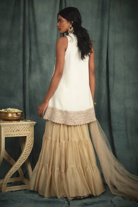Shop_Nikita Vishakha_White Raw Silk, Organza, Net Pearl Work Hand Embroidered Kurta Sharara Set _at_Aza_Fashions