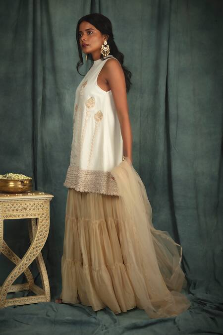 Nikita Vishakha_White Raw Silk, Organza, Net Pearl Work Hand Embroidered Kurta Sharara Set _Online_at_Aza_Fashions