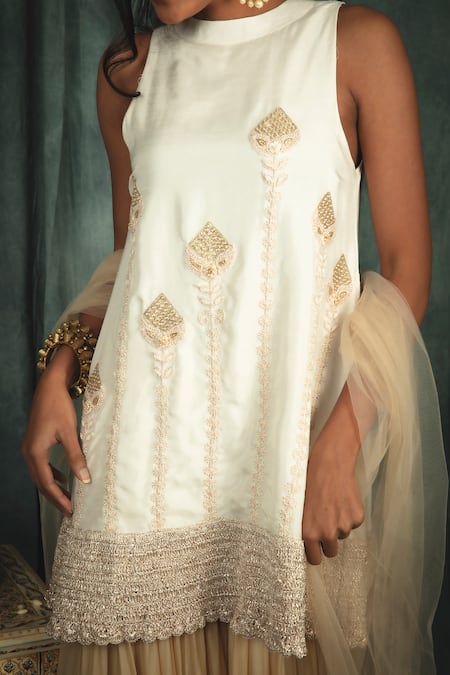 Buy_Nikita Vishakha_White Raw Silk, Organza, Net Pearl Work Hand Embroidered Kurta Sharara Set _Online_at_Aza_Fashions