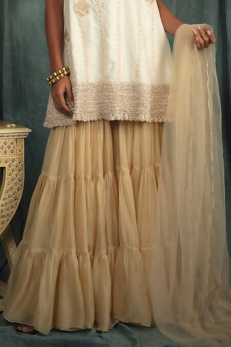 Shop_Nikita Vishakha_White Raw Silk, Organza, Net Pearl Work Hand Embroidered Kurta Sharara Set _Online_at_Aza_Fashions