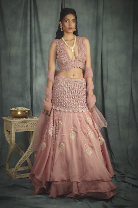 Nikita Vishakha Pink Organza, Net Crochet , Pearl Hand Blouse And Tiered Lehenga Set