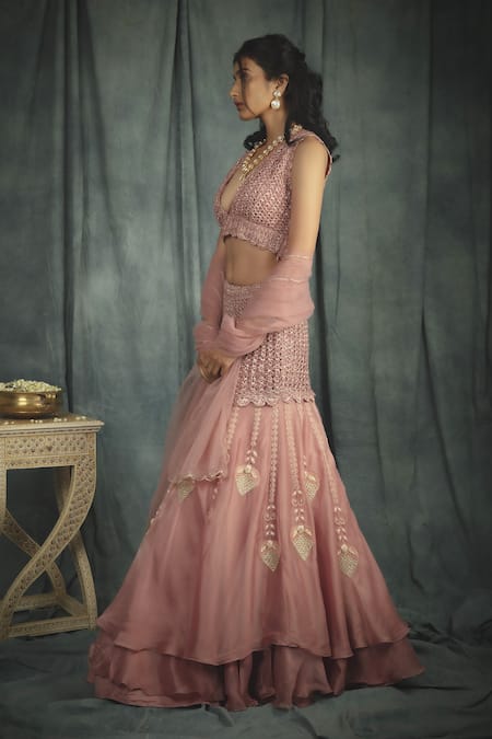 Nikita Vishakha_Pink Organza, Net Crochet , Pearl Hand Blouse And Tiered Lehenga Set_Online_at_Aza_Fashions