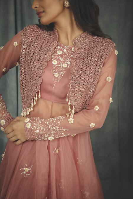 Buy_Nikita Vishakha_Pink , Silk Crochet , Pearl High Neck Jacket Lehenga Set_Online_at_Aza_Fashions