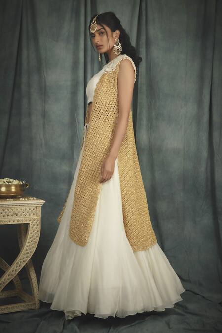 Nikita Vishakha_White Raw Silk, Organza Crochet , Pearl Round Jacket Lehenga Set_Online_at_Aza_Fashions