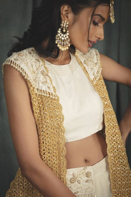 Buy_Nikita Vishakha_White Raw Silk, Organza Crochet , Pearl Round Jacket Lehenga Set_Online_at_Aza_Fashions