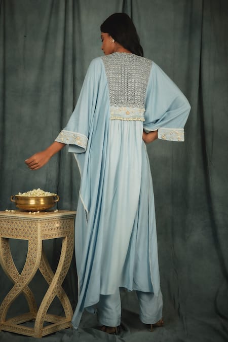 Shop Nikita Vishakha Blue Kurta And Pant Raw Silk Crochet , Pearl V Neck Kaftan Style & Set at Aza Fashions Shop_Nikita Vishakha_Blue Kurta And Pant Raw Silk Crochet , Pearl V Neck Kaftan Style & Set _at_Aza_Fashions