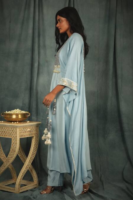 Nikita Vishakha Blue Kurta And Pant Raw Silk Crochet , Pearl V Neck Kaftan Style & Set Online at Aza Fashions Nikita Vishakha_Blue Kurta And Pant Raw Silk Crochet , Pearl V Neck Kaftan Style & Set _Online_at_Aza_Fashions