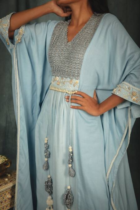 Buy Nikita Vishakha Blue Kurta And Pant Raw Silk Crochet , Pearl V Neck Kaftan Style & Set Online at Aza Fashions Buy_Nikita Vishakha_Blue Kurta And Pant Raw Silk Crochet , Pearl V Neck Kaftan Style & Set _Online_at_Aza_Fashions
