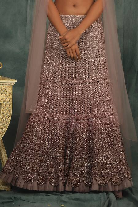 Shop_Nikita Vishakha_Purple Net Crochet , Pearl Halter Neck Hand Lehenga Set_Online_at_Aza_Fashions