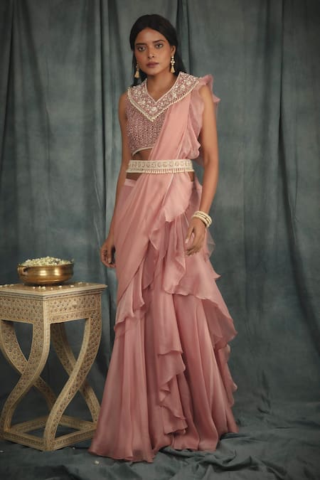 Ridhi Mehra | Blush Pink Draped Ruffle Sari Set | INDIASPOPUP.COM