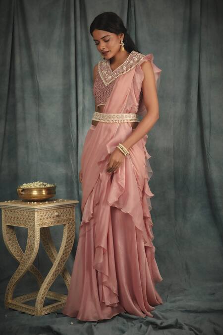 Nikita Vishakha_Pink Organza Crochet , Pearl V Neck Pre-draped Saree With Blouse _Online_at_Aza_Fashions