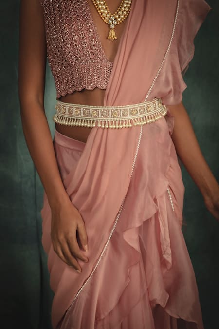 Buy_Nikita Vishakha_Pink Organza Crochet , Pearl V Neck Pre-draped Saree With Blouse_Online_at_Aza_Fashions