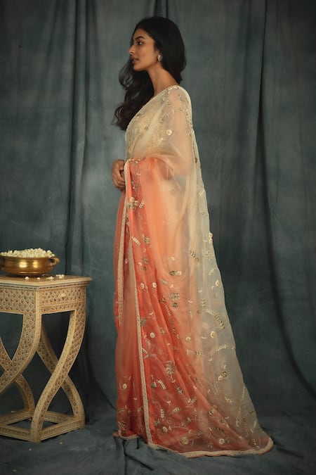 Nikita Vishakha_Orange Modal Satin, Silk Organza Crochet Embroidered Sheer Saree With Blouse _Online_at_Aza_Fashions