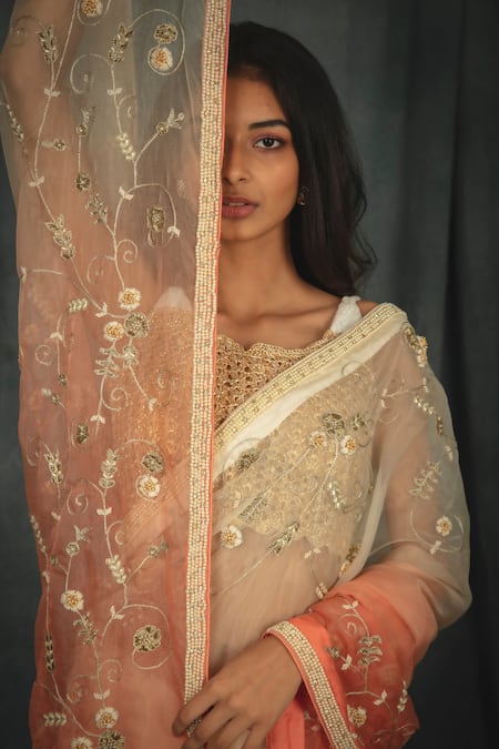 Buy_Nikita Vishakha_Orange Modal Satin, Silk Organza Crochet Embroidered Sheer Saree With Blouse _Online_at_Aza_Fashions