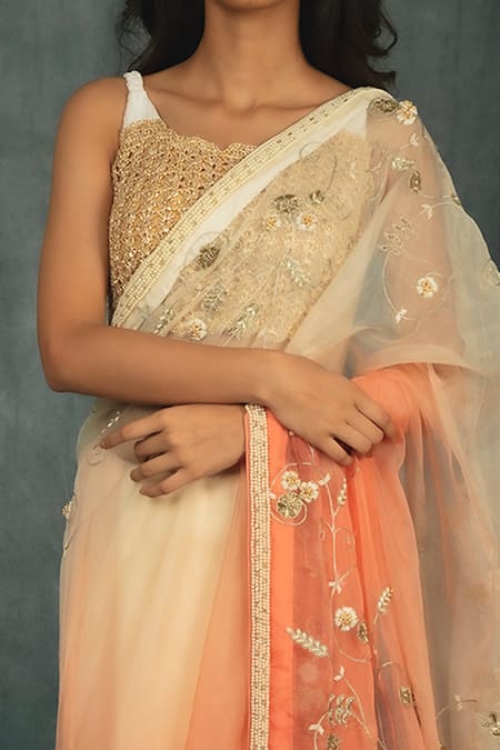 Shop_Nikita Vishakha_Orange Modal Satin, Silk Organza Crochet Embroidered Sheer Saree With Blouse _Online_at_Aza_Fashions