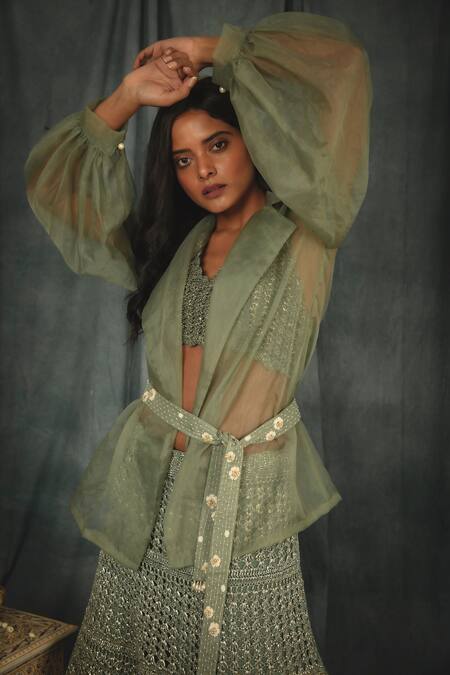 Buy_Nikita Vishakha_Green Silk Organza Crochet , Pearl V Neck Sheer Jacket Lehenga Set_Online_at_Aza_Fashions