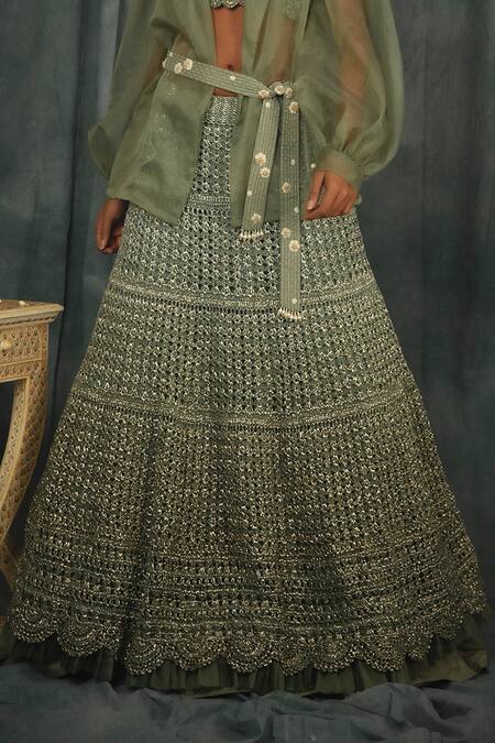 Shop_Nikita Vishakha_Green Silk Organza Crochet , Pearl V Neck Sheer Jacket Lehenga Set_Online_at_Aza_Fashions