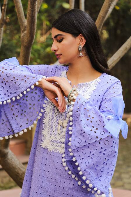 Shop Enaarah Purple Cotton Embroidered Thread Work Bell Sleeve Kurta And Sharara Set at Aza Fashions Shop_Enaarah_Purple Cotton Embroidered Thread Work Bell Sleeve Kurta And Sharara Set _at_Aza_Fashions