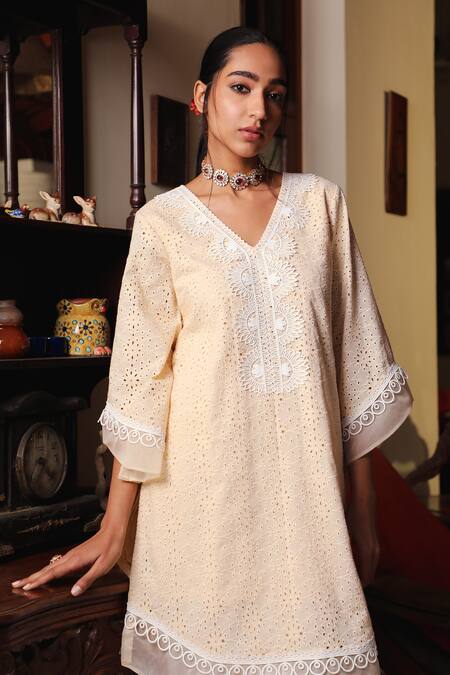 Enaarah_Beige Cotton Embroidered Thread Work Round Hazel Kurta And Pant Set _Online_at_Aza_Fashions
