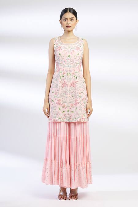 Chamee And Palak Pink Blended Georgette Embroidered Kurta Sharara Set Online at Aza Fashions Chamee And Palak_Pink Blended Georgette Embroidered Kurta Sharara Set _Online_at_Aza_Fashions