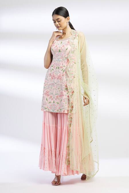 Buy Chamee And Palak Pink Blended Georgette Embroidered Kurta Sharara Set Online at Aza Fashions Buy_Chamee And Palak_Pink Blended Georgette Embroidered Kurta Sharara Set _Online_at_Aza_Fashions