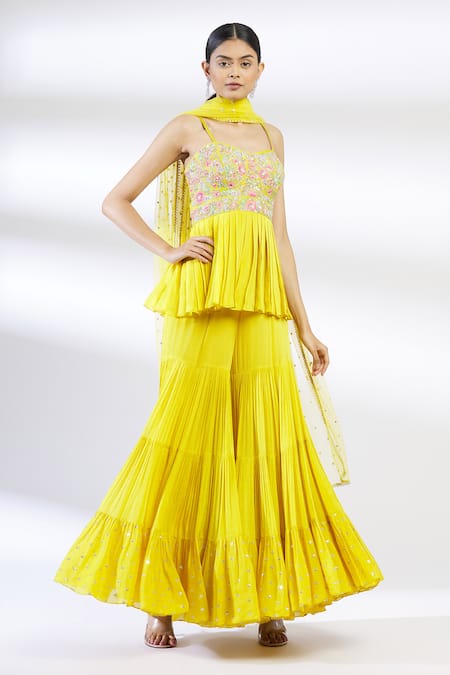 Chamee And Palak Yellow Raw Silk, Blended Georgette Embroidered Kurta Sharara Set 