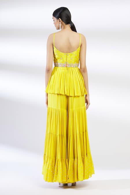 Shop Chamee And Palak Yellow Raw Silk, Blended Georgette Embroidered Kurta Sharara Set at Aza Fashions Shop_Chamee And Palak_Yellow Raw Silk, Blended Georgette Embroidered Kurta Sharara Set _at_Aza_Fashions