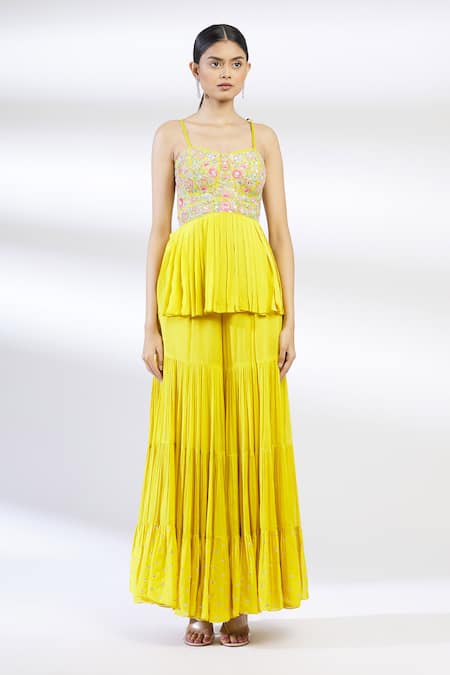 Chamee And Palak Yellow Raw Silk, Blended Georgette Embroidered Kurta Sharara Set Online at Aza Fashions Chamee And Palak_Yellow Raw Silk, Blended Georgette Embroidered Kurta Sharara Set _Online_at_Aza_Fashions