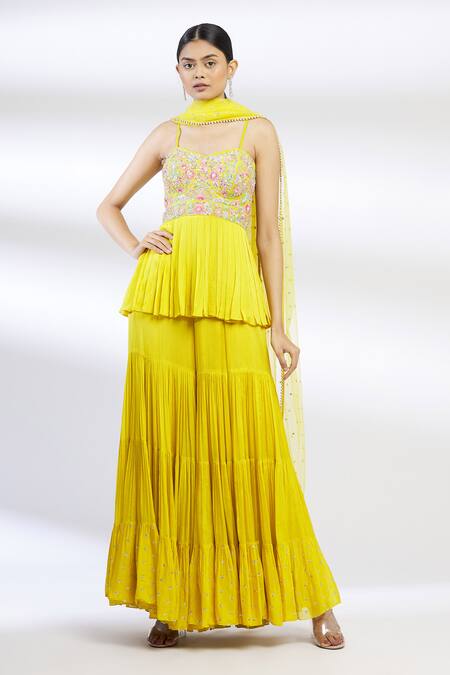 Buy Chamee And Palak Yellow Raw Silk, Blended Georgette Embroidered Kurta Sharara Set Online at Aza Fashions Buy_Chamee And Palak_Yellow Raw Silk, Blended Georgette Embroidered Kurta Sharara Set _Online_at_Aza_Fashions