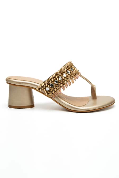Nidhi Bhandari_Gold Beads, Stones Embroidered Kolhapuri Block Heels _Online_at_Aza_Fashions