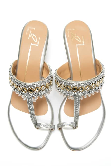 Shop Nidhi Bhandari Silver Beads, Stones Beaded Kolhapuri Block Heels at Aza Fashions Shop_Nidhi Bhandari_Silver Beads, Stones Beaded Kolhapuri Block Heels _at_Aza_Fashions