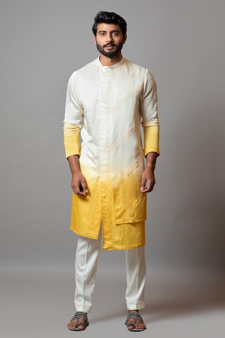 Paarsh Yellow Linen Satin Embroidered Pintuck Twilight Ombre Asymmetric Kurta Set 