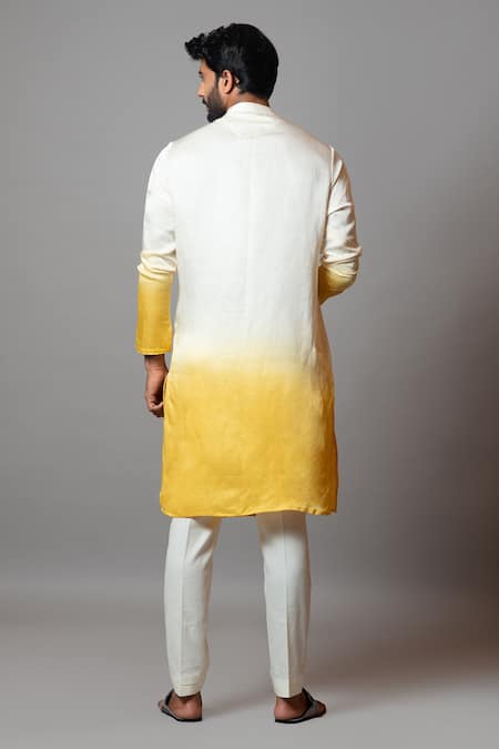 Shop PAARSH Yellow Linen Satin Pintuck Twilight Ombre Asymmetric Kurta Set at Aza Fashions Shop_PAARSH_Yellow Linen Satin Pintuck Twilight Ombre Asymmetric Kurta Set _at_Aza_Fashions