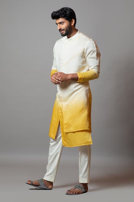 PAARSH Yellow Linen Satin Pintuck Twilight Ombre Asymmetric Kurta Set Online at Aza Fashions PAARSH_Yellow Linen Satin Pintuck Twilight Ombre Asymmetric Kurta Set _Online_at_Aza_Fashions