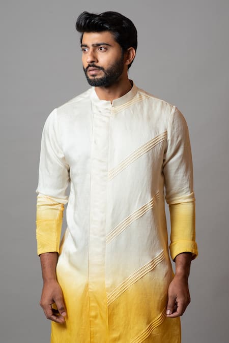 Buy PAARSH Yellow Linen Satin Pintuck Twilight Ombre Asymmetric Kurta Set Online at Aza Fashions Buy_PAARSH_Yellow Linen Satin Pintuck Twilight Ombre Asymmetric Kurta Set _Online_at_Aza_Fashions