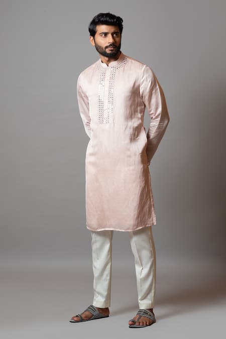 PAARSH_Pink Linen Satin Mirror Work Garland Kurta Set_Online_at_Aza_Fashions